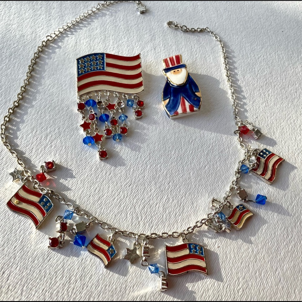 Patriotic American Flag and Uncle Sam Pins and Bracelet